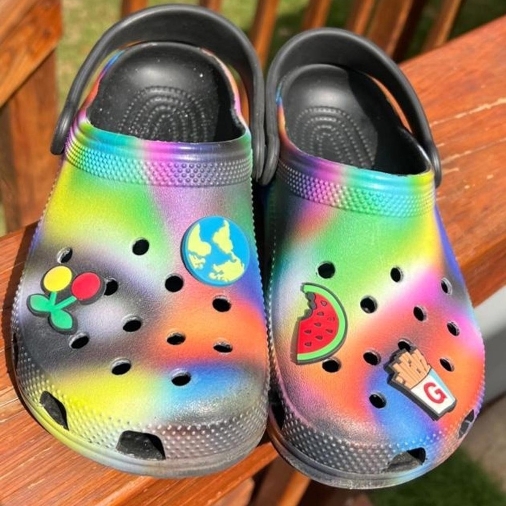 Crocs Youth 2 Classic Solarized Clogs Black Tie Dye Rainbow Colorful Kids Shoes